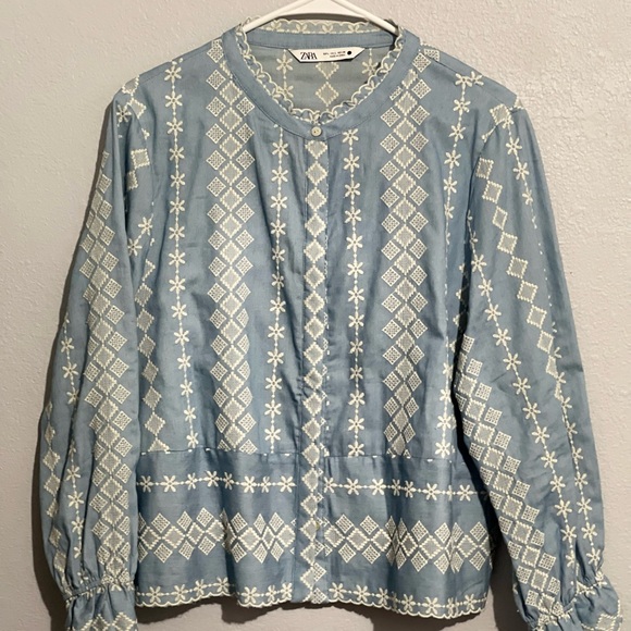 Zara blue cotton jacket with white thread work embroidery. - Picture 2 of 12
